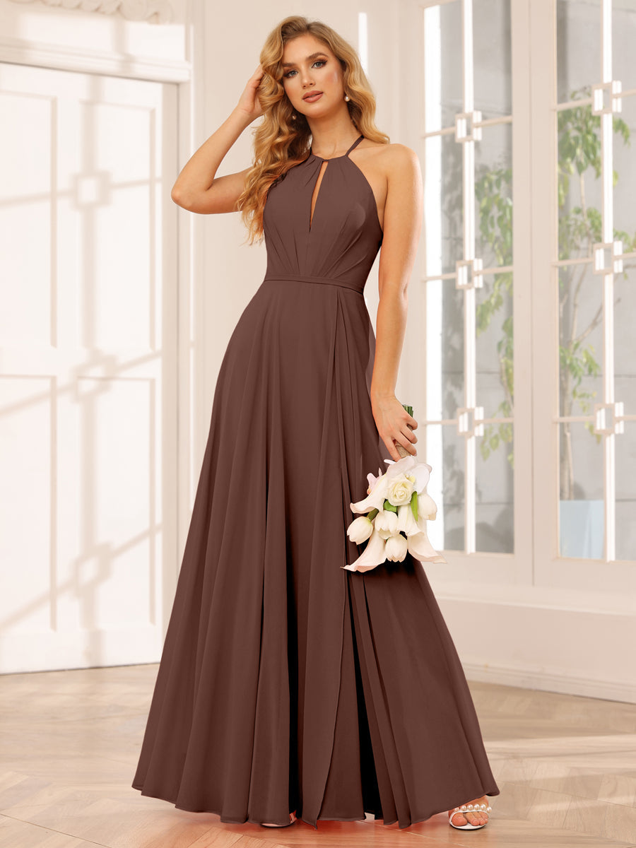 A-Line/Princess Halter Long Bridesmaid Dresses with Split Side Brown