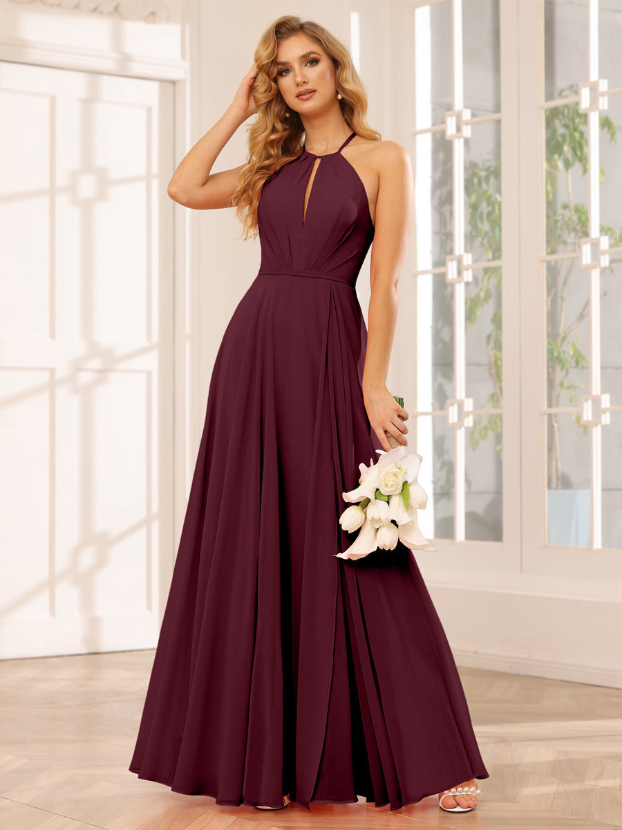 A-Line/Princess Halter Long Bridesmaid Dresses with Split Side Burgundy