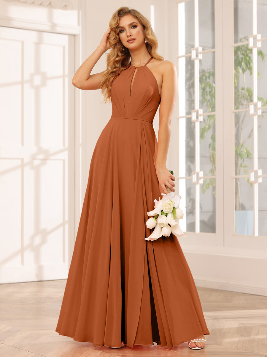 A-Line/Princess Halter Long Bridesmaid Dresses with Split Side Burnt Orange