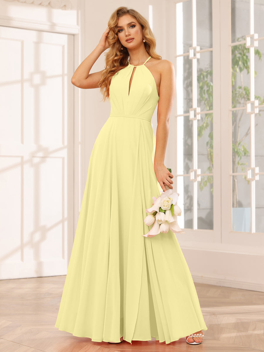 A-Line/Princess Halter Long Bridesmaid Dresses with Split Side Canary