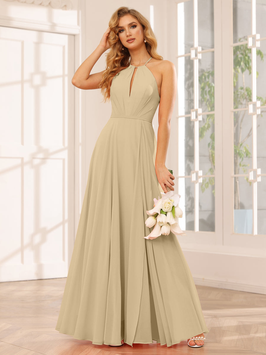 A-Line/Princess Halter Long Bridesmaid Dresses with Split Side Champagne