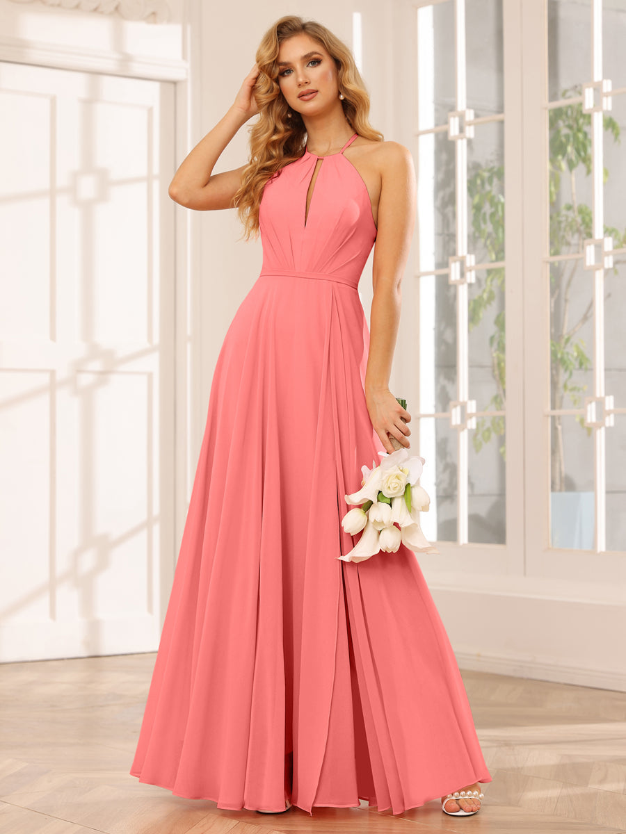 A-Line/Princess Halter Long Bridesmaid Dresses with Split Side Coral