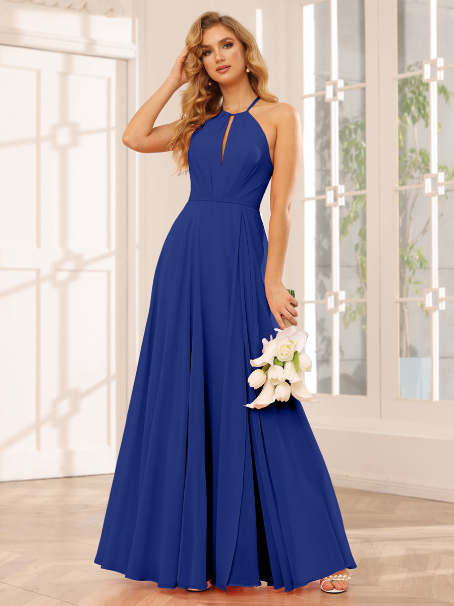 A-Line/Princess Halter Long Bridesmaid Dresses with Split Side Dark Royal Blue
