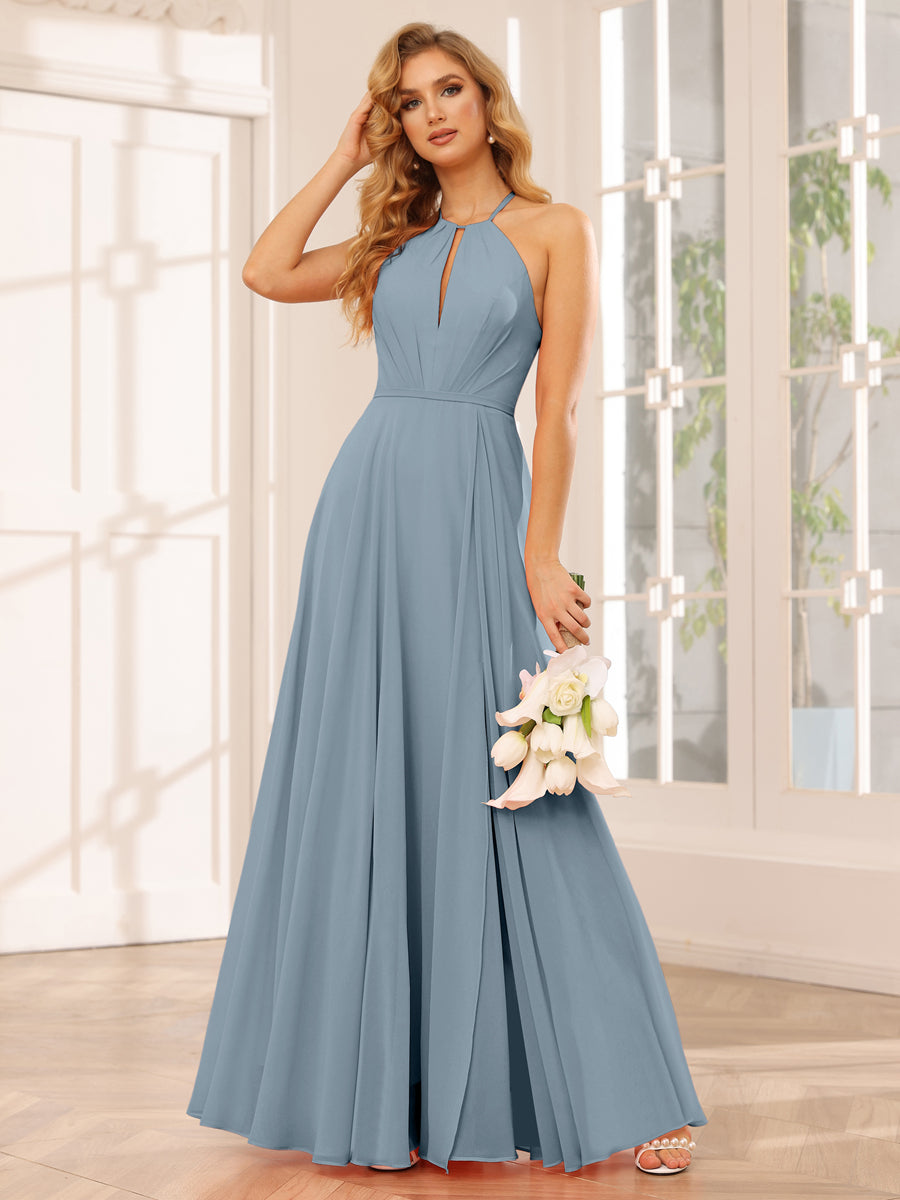 A-Line/Princess Halter Long Bridesmaid Dresses with Split Side Dusty Blue