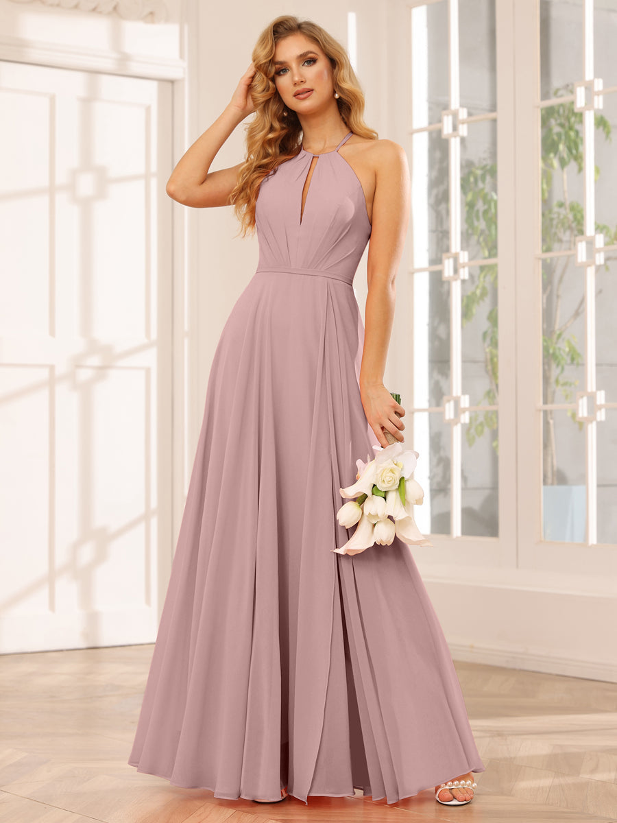 A-Line/Princess Halter Long Bridesmaid Dresses with Split Side Dusty Pink