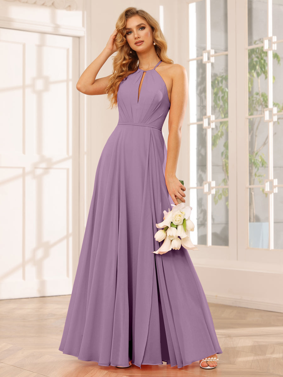 A-Line/Princess Halter Long Bridesmaid Dresses with Split Side Dusty Purple