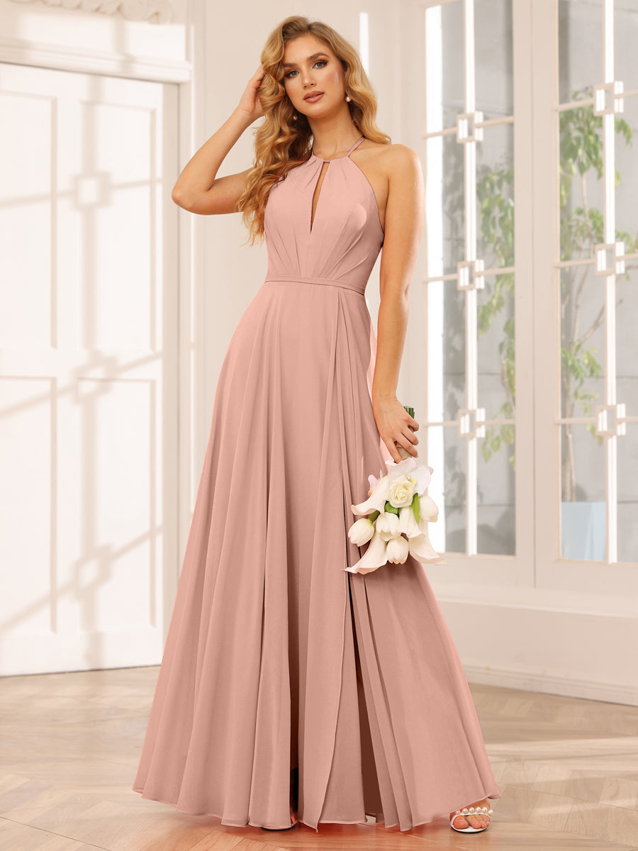 A-Line/Princess Halter Long Bridesmaid Dresses with Split Side Dusty Rose