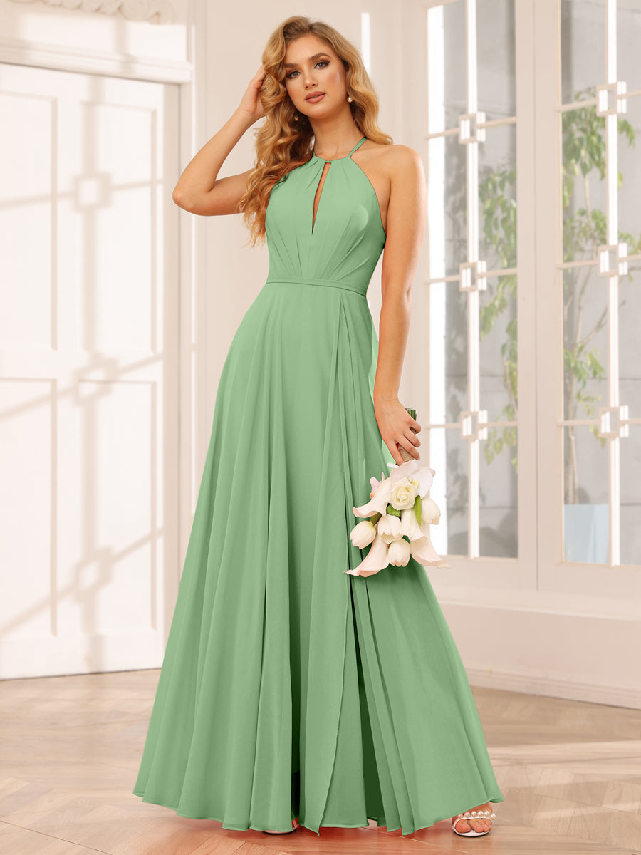 A-Line/Princess Halter Long Bridesmaid Dresses with Split Side Dusty Sage