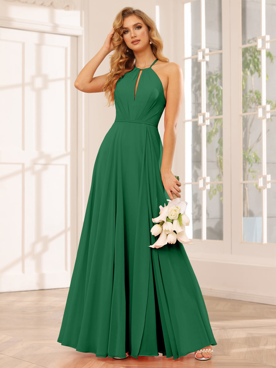 A-Line/Princess Halter Long Bridesmaid Dresses with Split Side Emerald