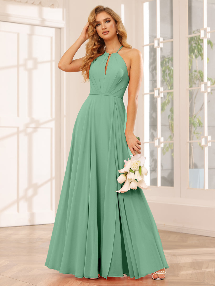 A-Line/Princess Halter Long Bridesmaid Dresses with Split Side Eucalyptus