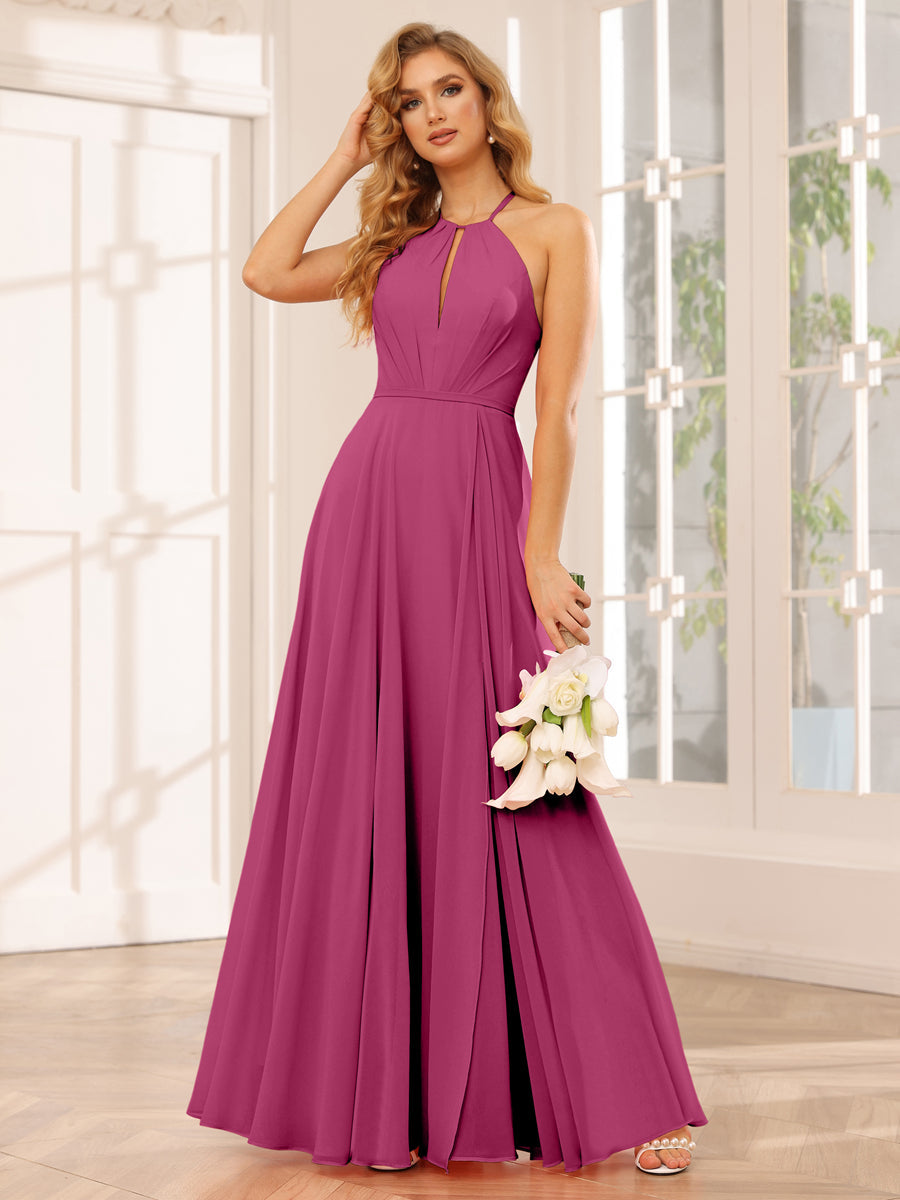 A-Line/Princess Halter Long Bridesmaid Dresses with Split Side Fuchsia