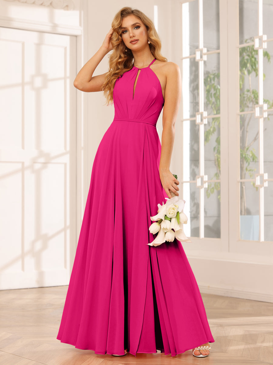 A-Line/Princess Halter Long Bridesmaid Dresses with Split Side Fuchsia Pink