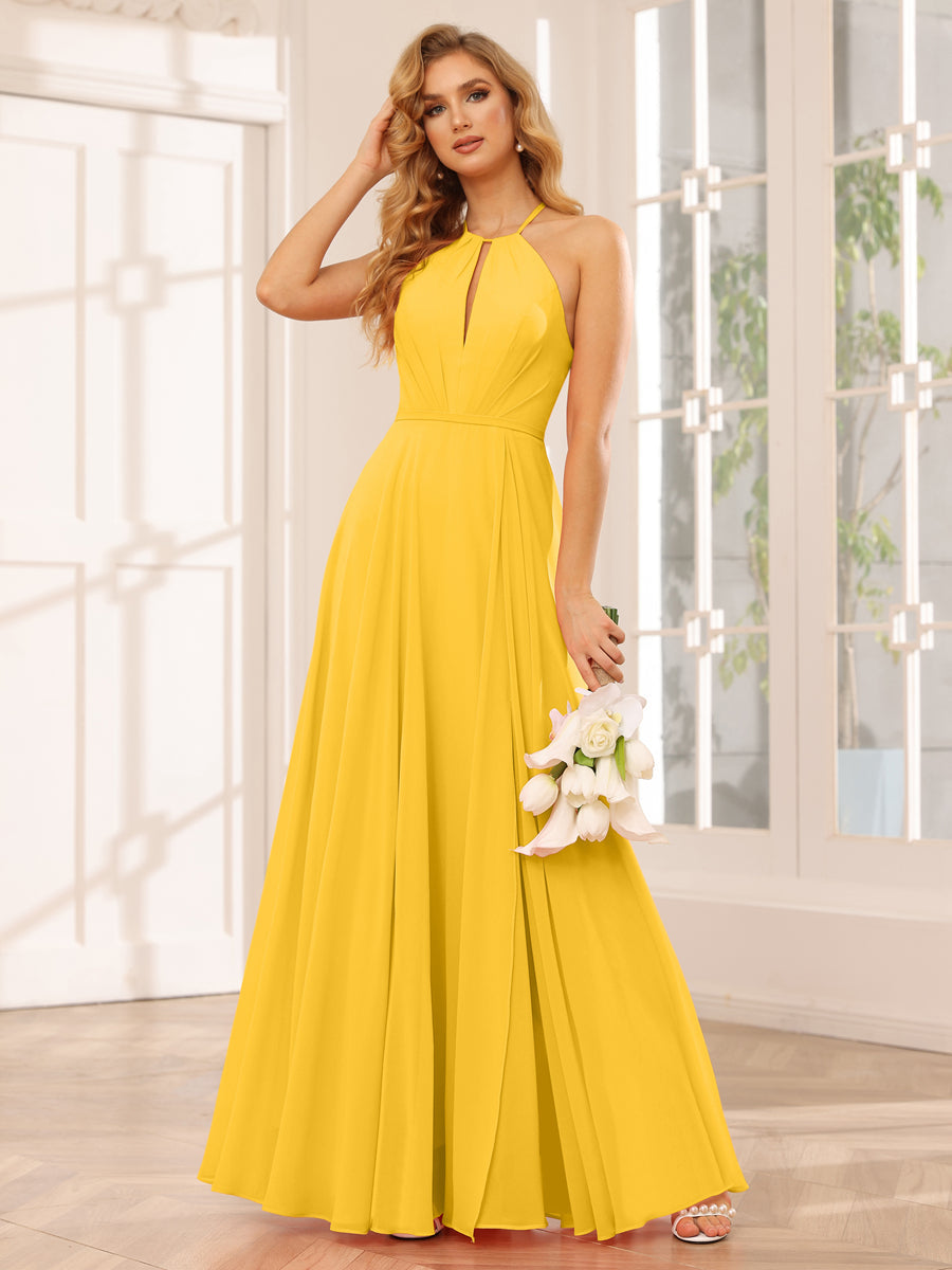 A-Line/Princess Halter Long Bridesmaid Dresses with Split Side Gold