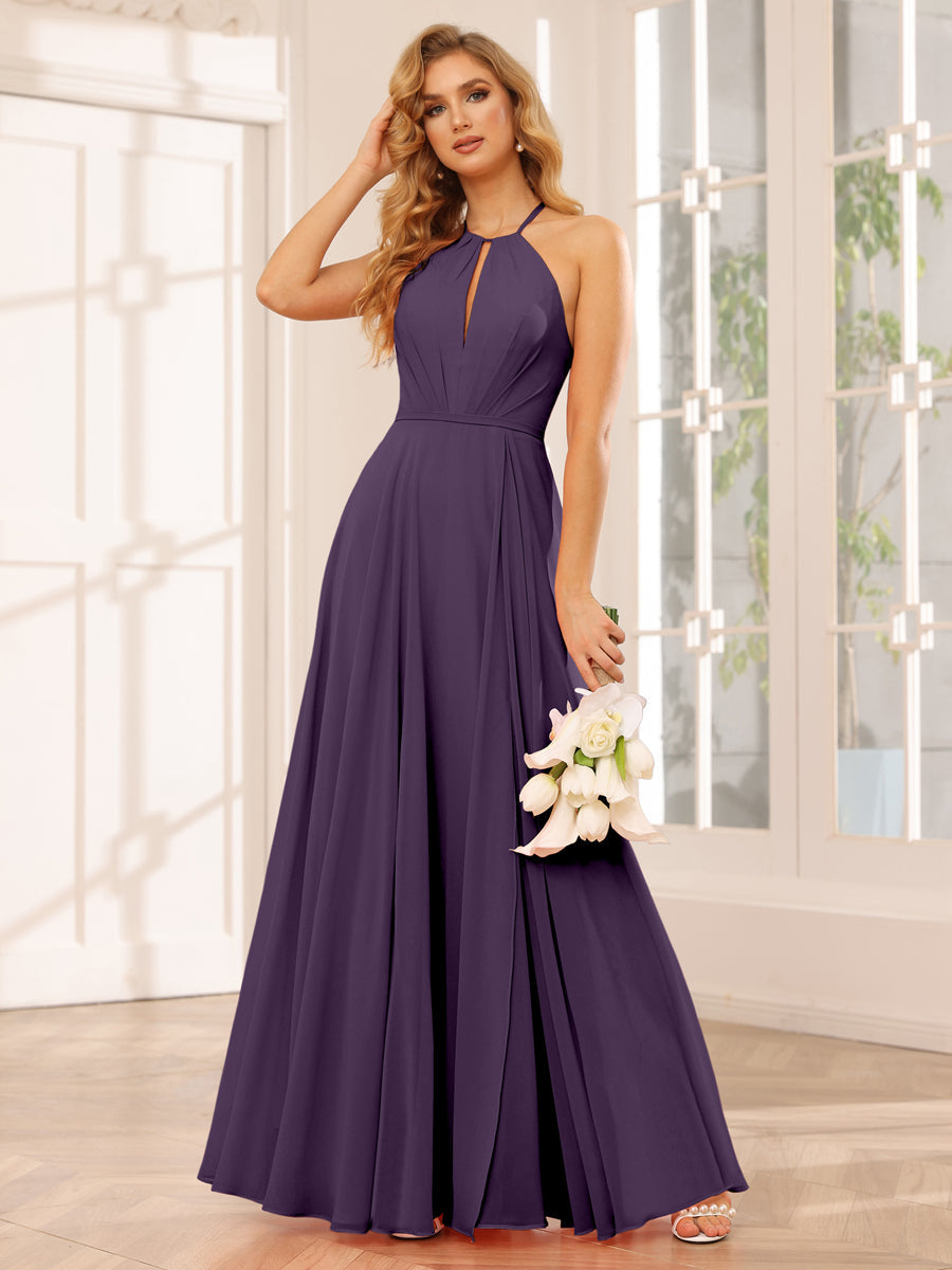 A-Line/Princess Halter Long Bridesmaid Dresses with Split Side Grape