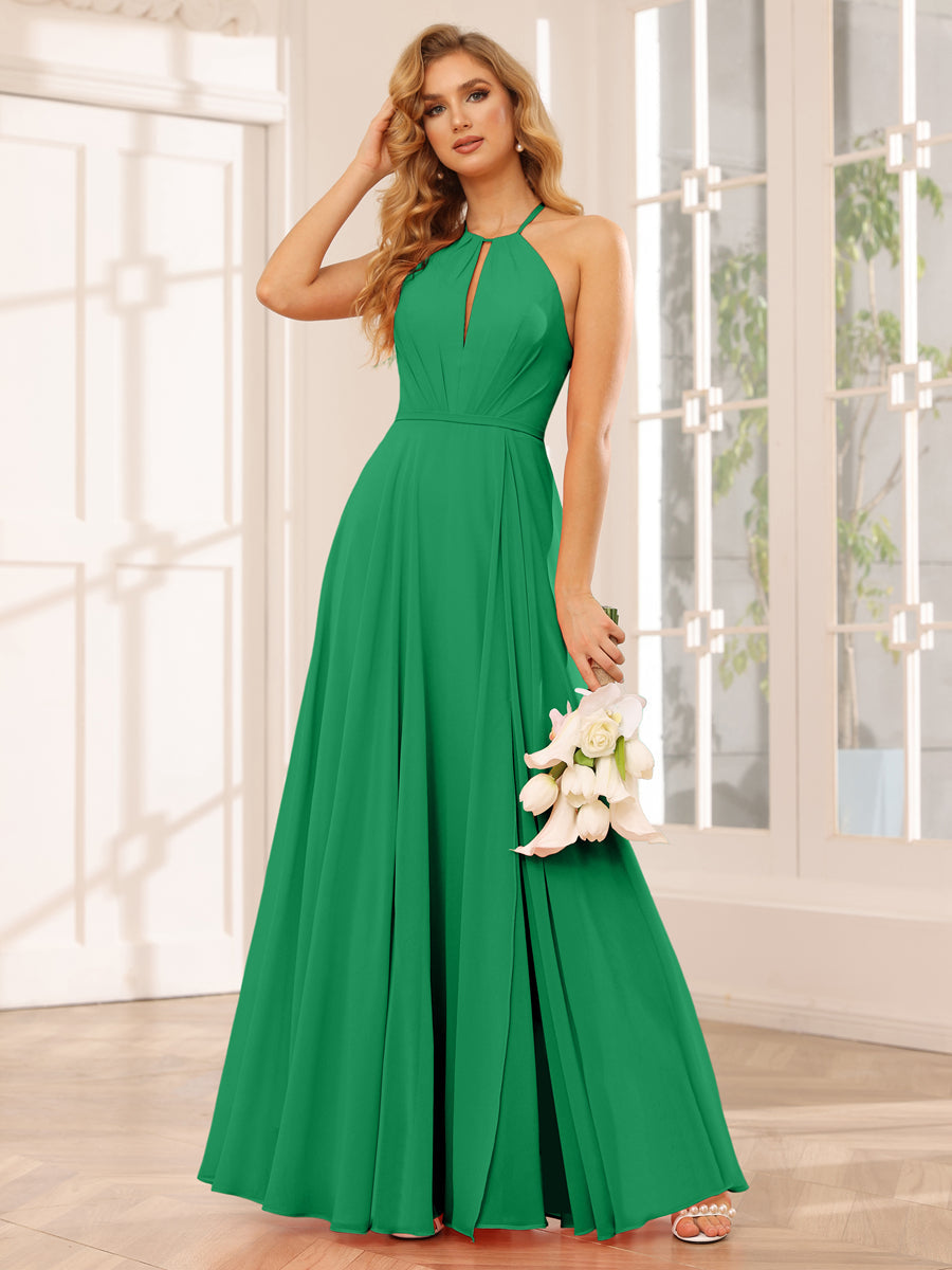 A-Line/Princess Halter Long Bridesmaid Dresses with Split Side Green