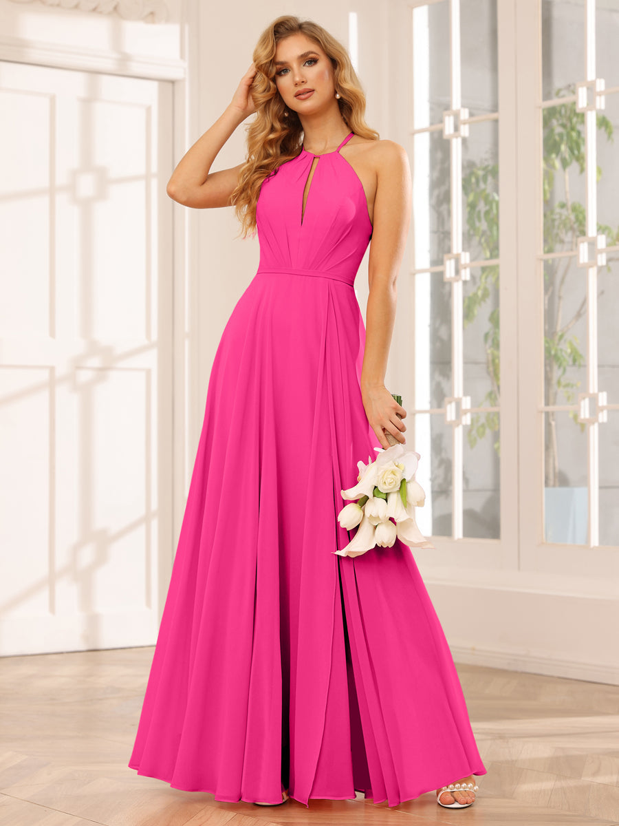 A-Line/Princess Halter Long Bridesmaid Dresses with Split Side Hot Pink
