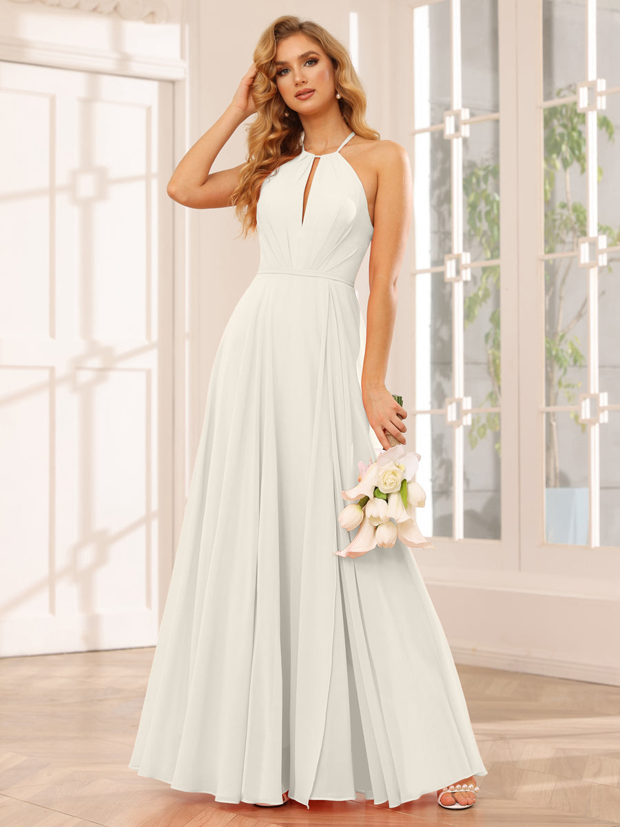 A-Line/Princess Halter Long Bridesmaid Dresses with Split Side Ivory