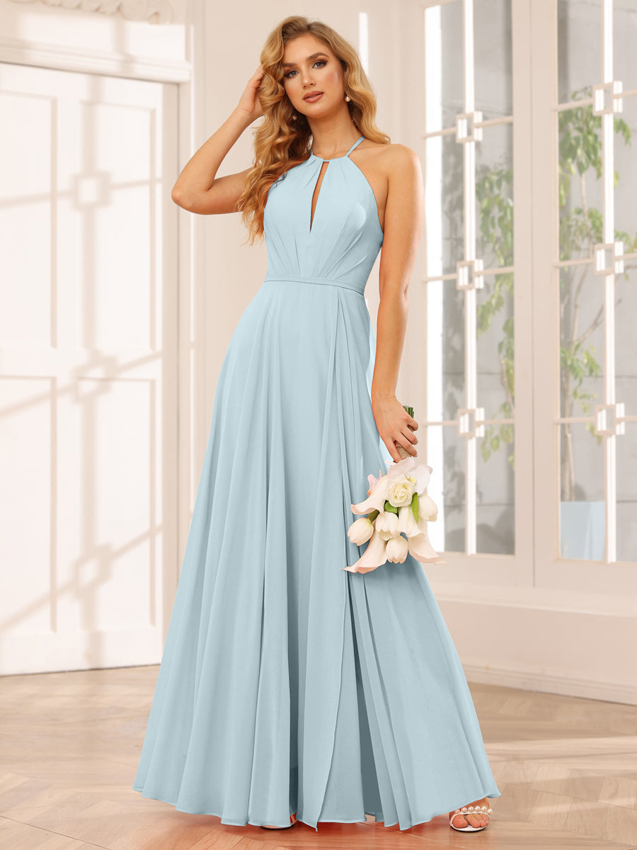 A-Line/Princess Halter Long Bridesmaid Dresses with Split Side Light Blue