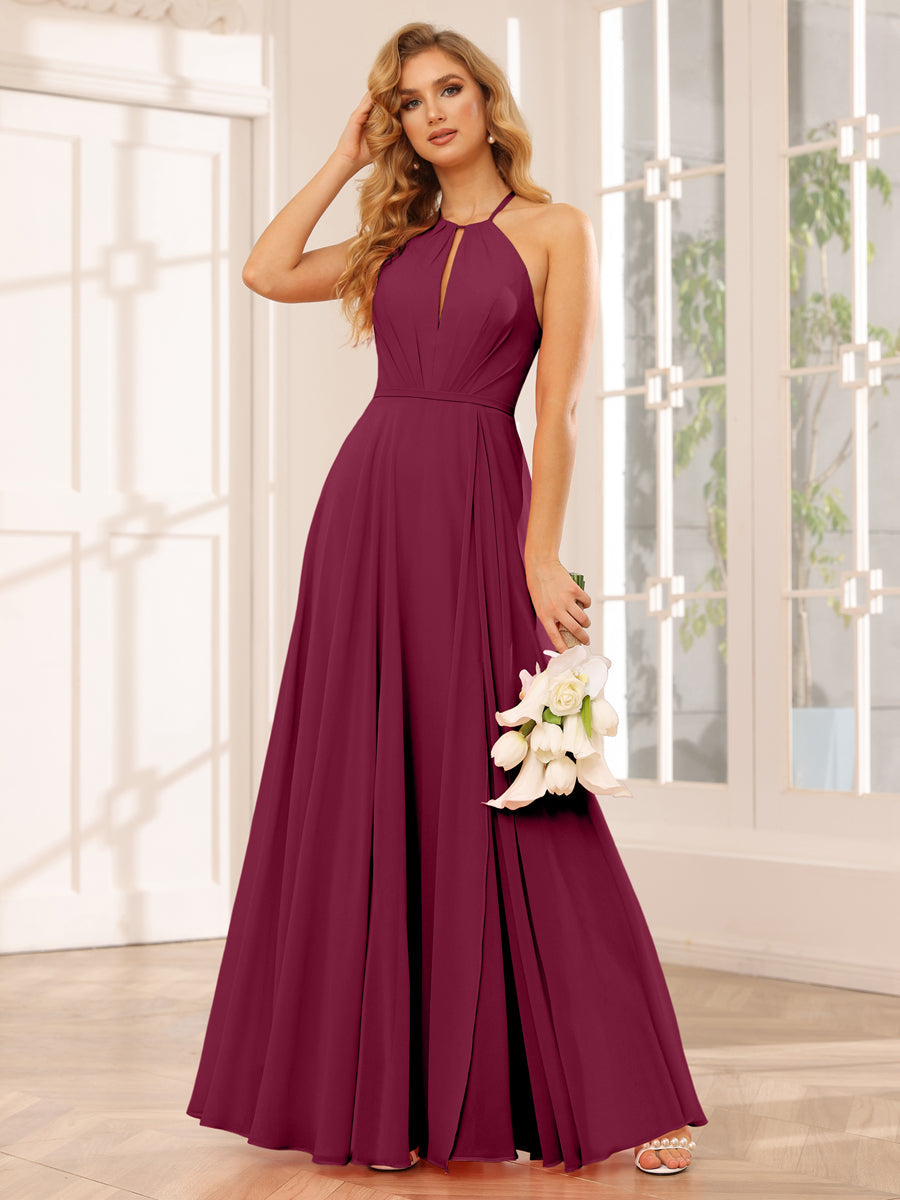A-Line/Princess Halter Long Bridesmaid Dresses with Split Side Light Burgundy