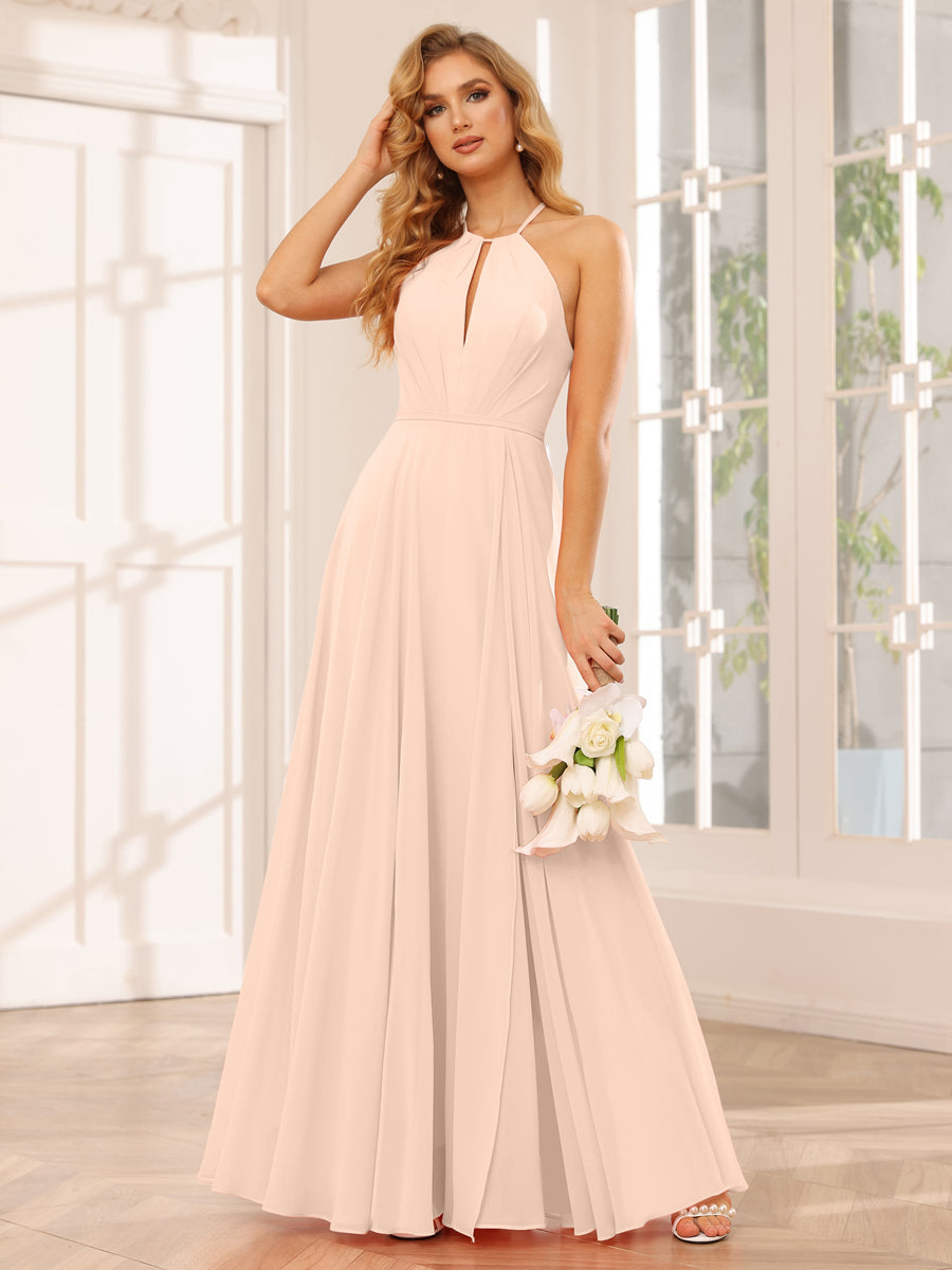 A-Line/Princess Halter Long Bridesmaid Dresses with Split Side Light Champagne