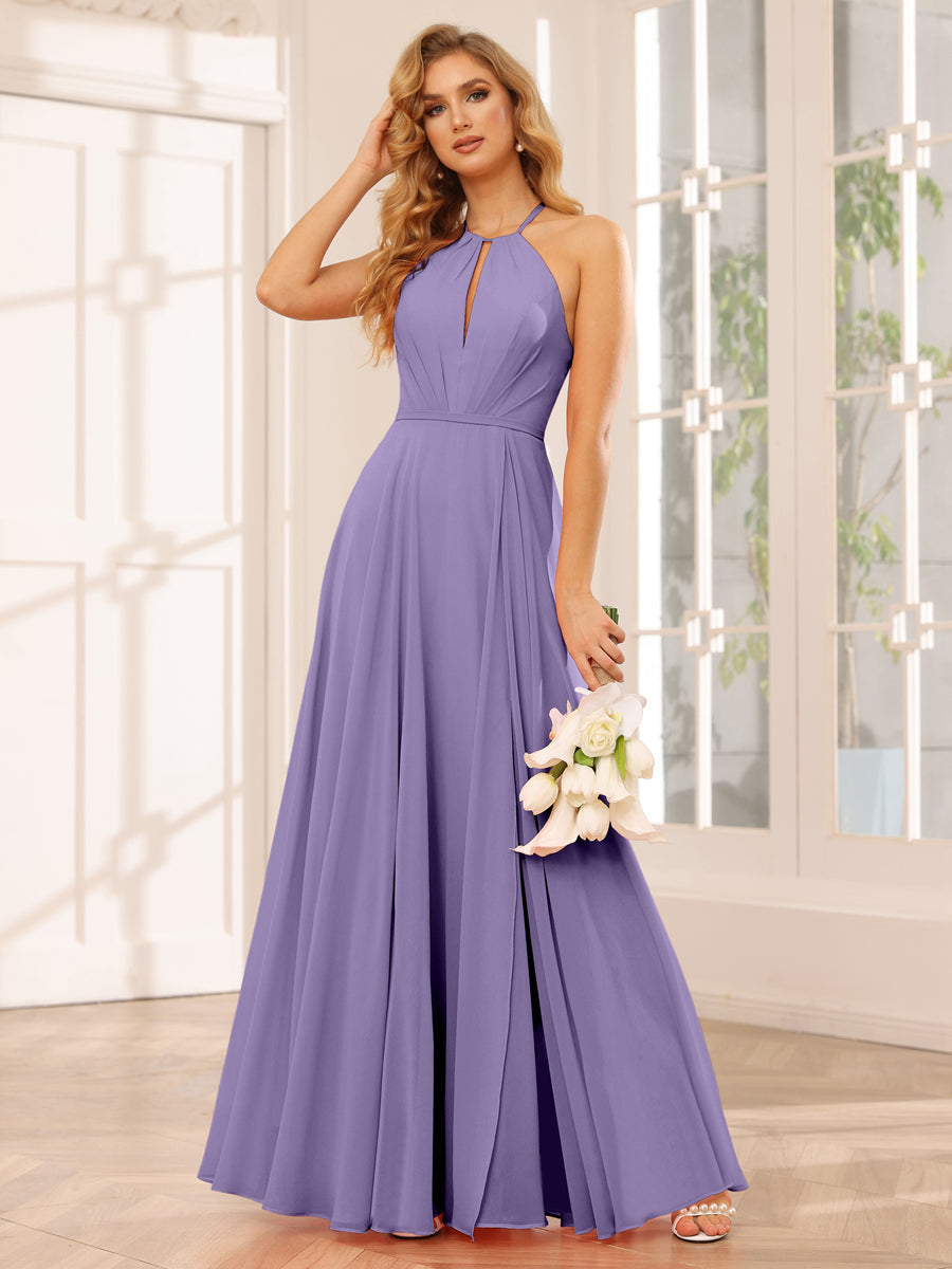 A-Line/Princess Halter Long Bridesmaid Dresses with Split Side Light Purple