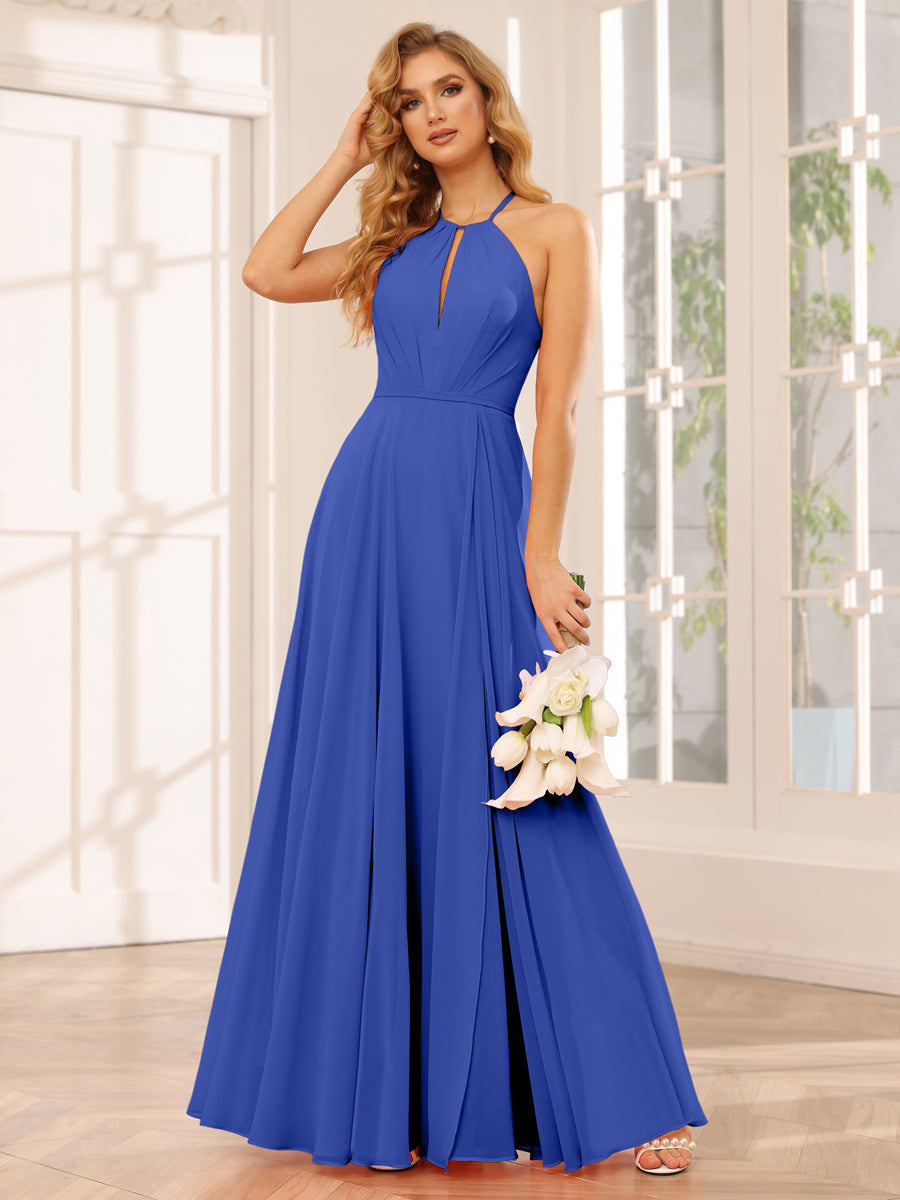 A-Line/Princess Halter Long Bridesmaid Dresses with Split Side Light Royal Blue