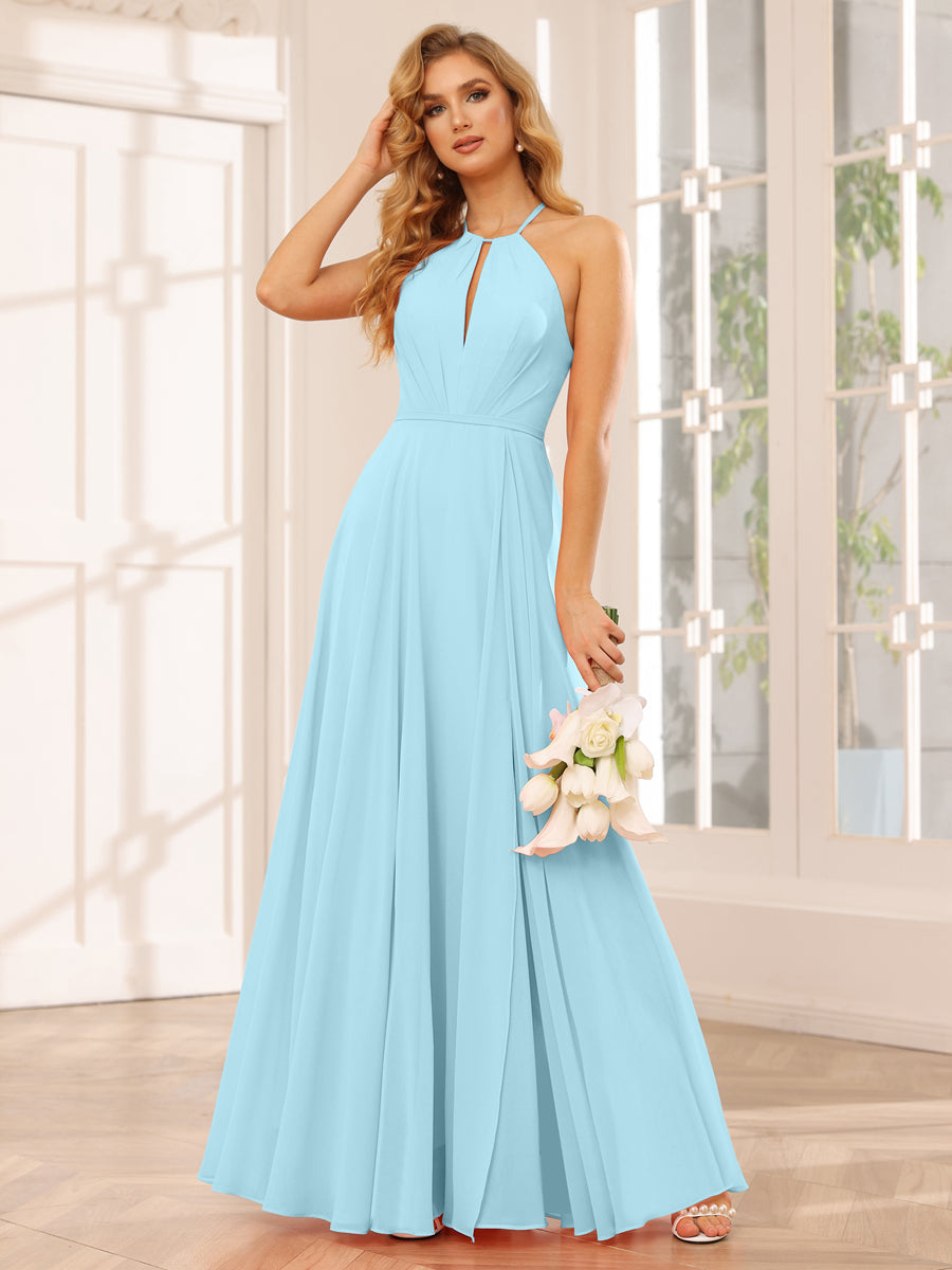 A-Line/Princess Halter Long Bridesmaid Dresses with Split Side Light Sky Blue