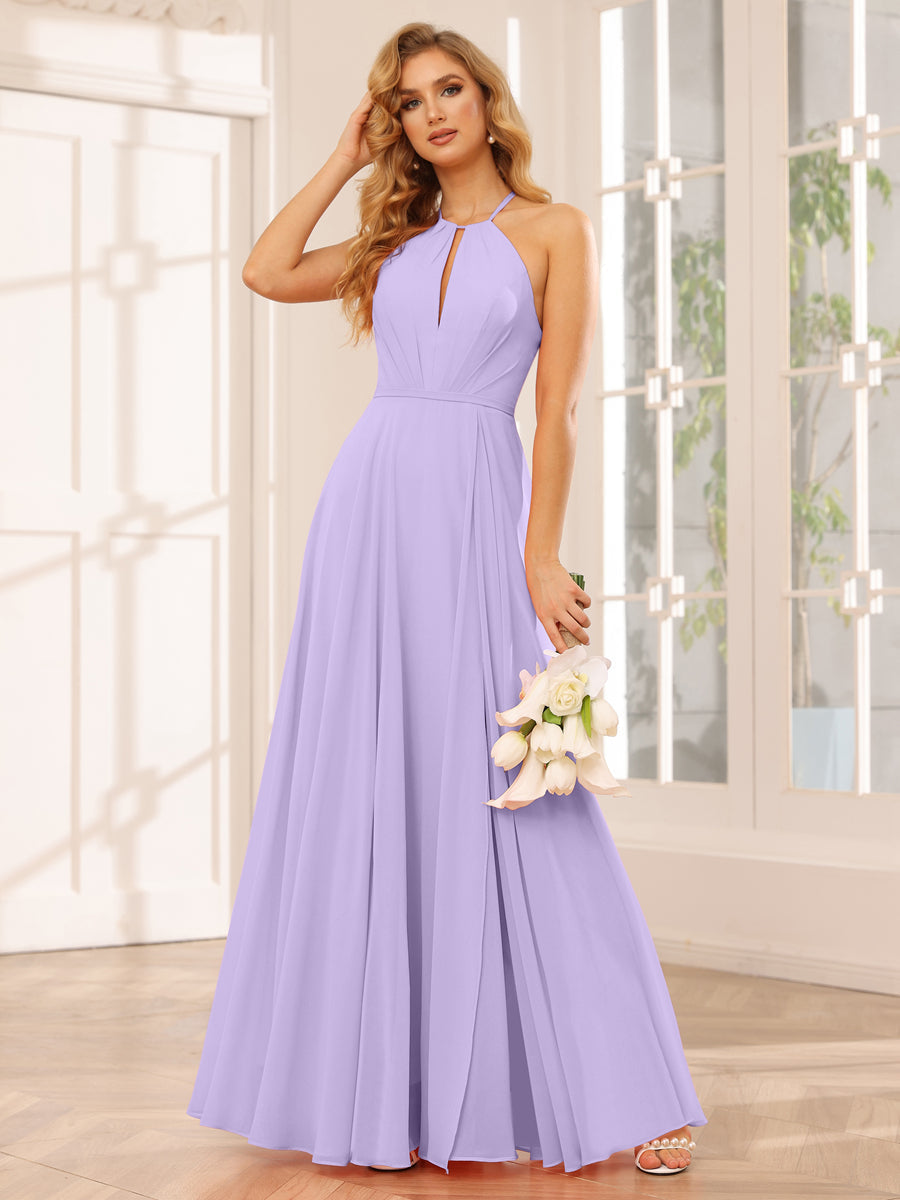 A-Line/Princess Halter Long Bridesmaid Dresses with Split Side Lilac