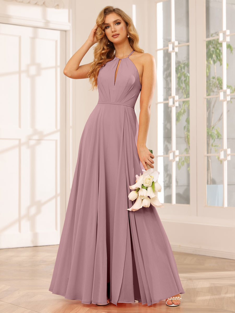 A-Line/Princess Halter Long Bridesmaid Dresses with Split Side Mauve