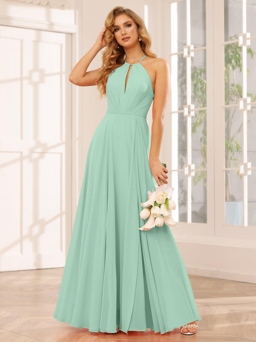 A-Line/Princess Halter Long Bridesmaid Dresses with Split Side Mint Green