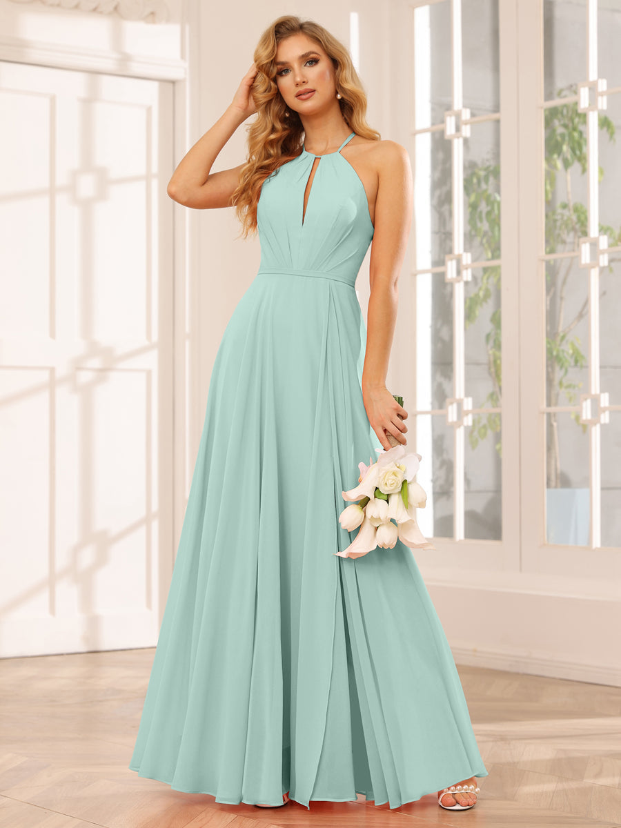 A-Line/Princess Halter Long Bridesmaid Dresses with Split Side Mist Blue