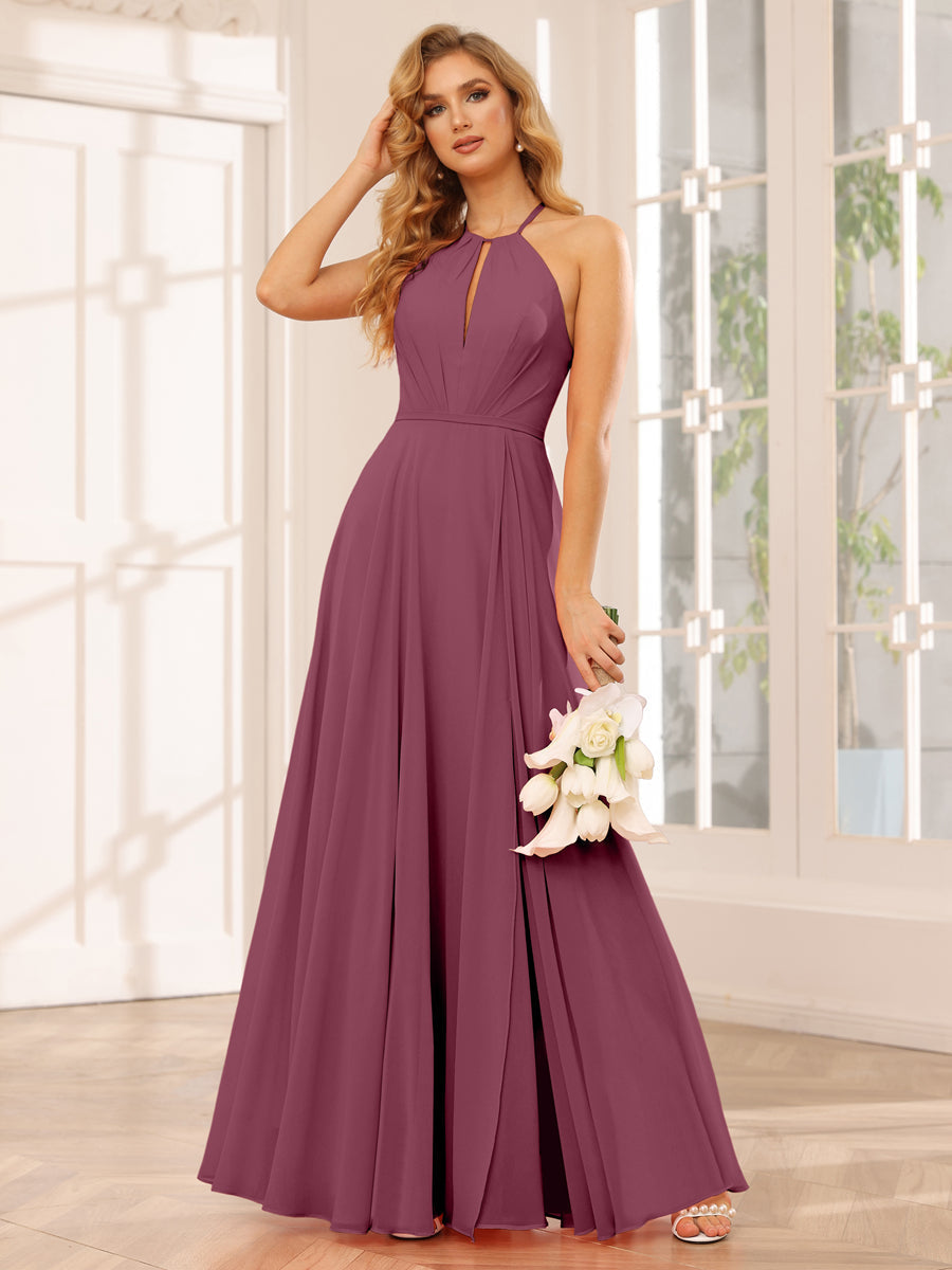 A-Line/Princess Halter Long Bridesmaid Dresses with Split Side Mulberry