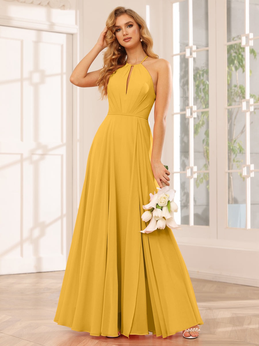 A-Line/Princess Halter Long Bridesmaid Dresses with Split Side Mustard Yellow