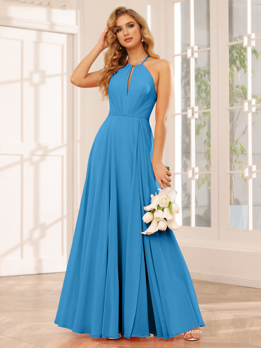 A-Line/Princess Halter Long Bridesmaid Dresses with Split Side Ocean Blue