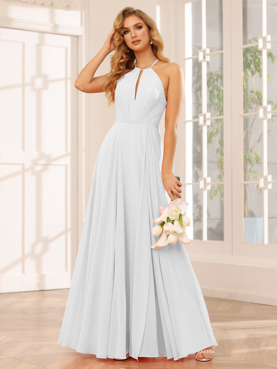 A-Line/Princess Halter Long Bridesmaid Dresses with Split Side Off White