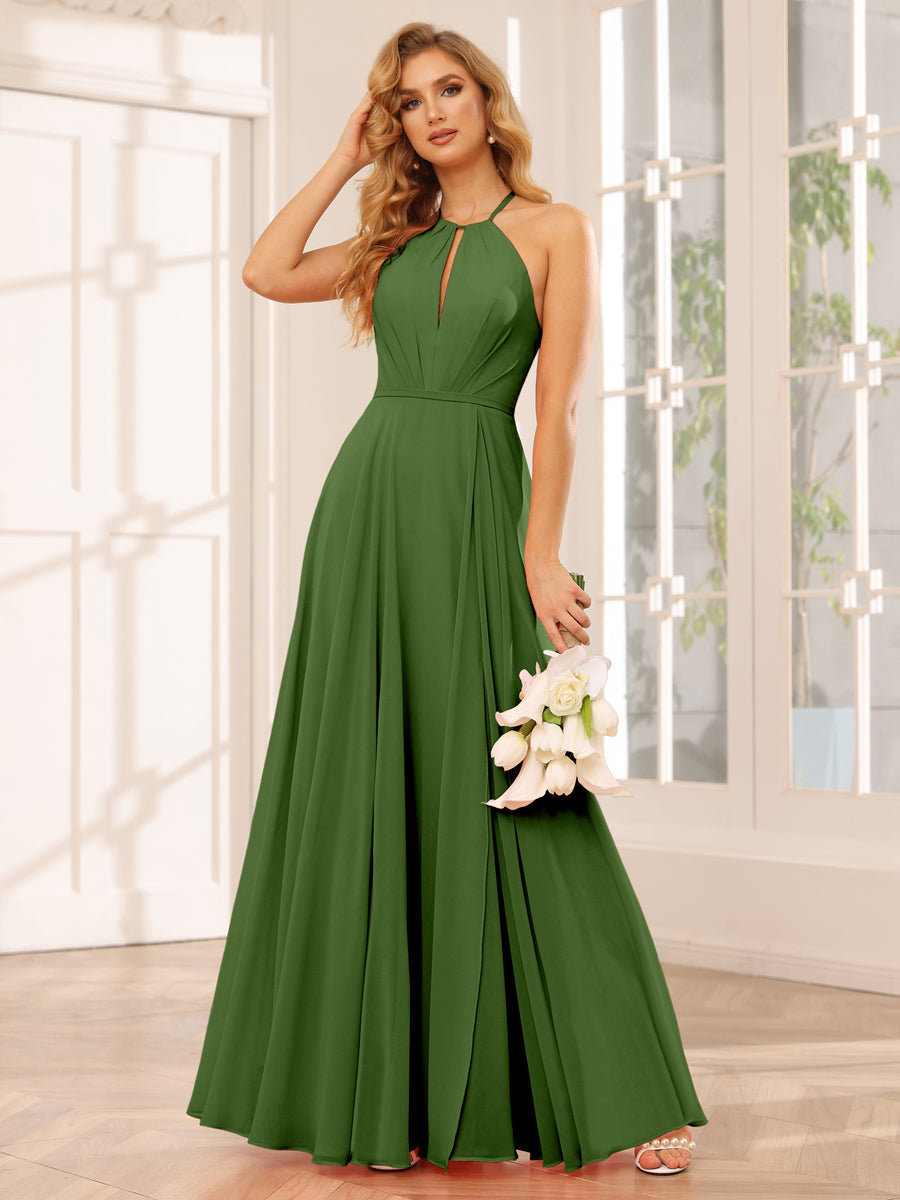 A-Line/Princess Halter Long Bridesmaid Dresses with Split Side Olive Green