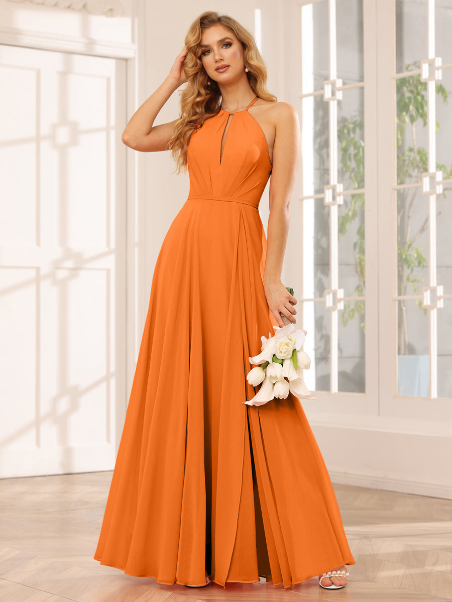 A-Line/Princess Halter Long Bridesmaid Dresses with Split Side Orange