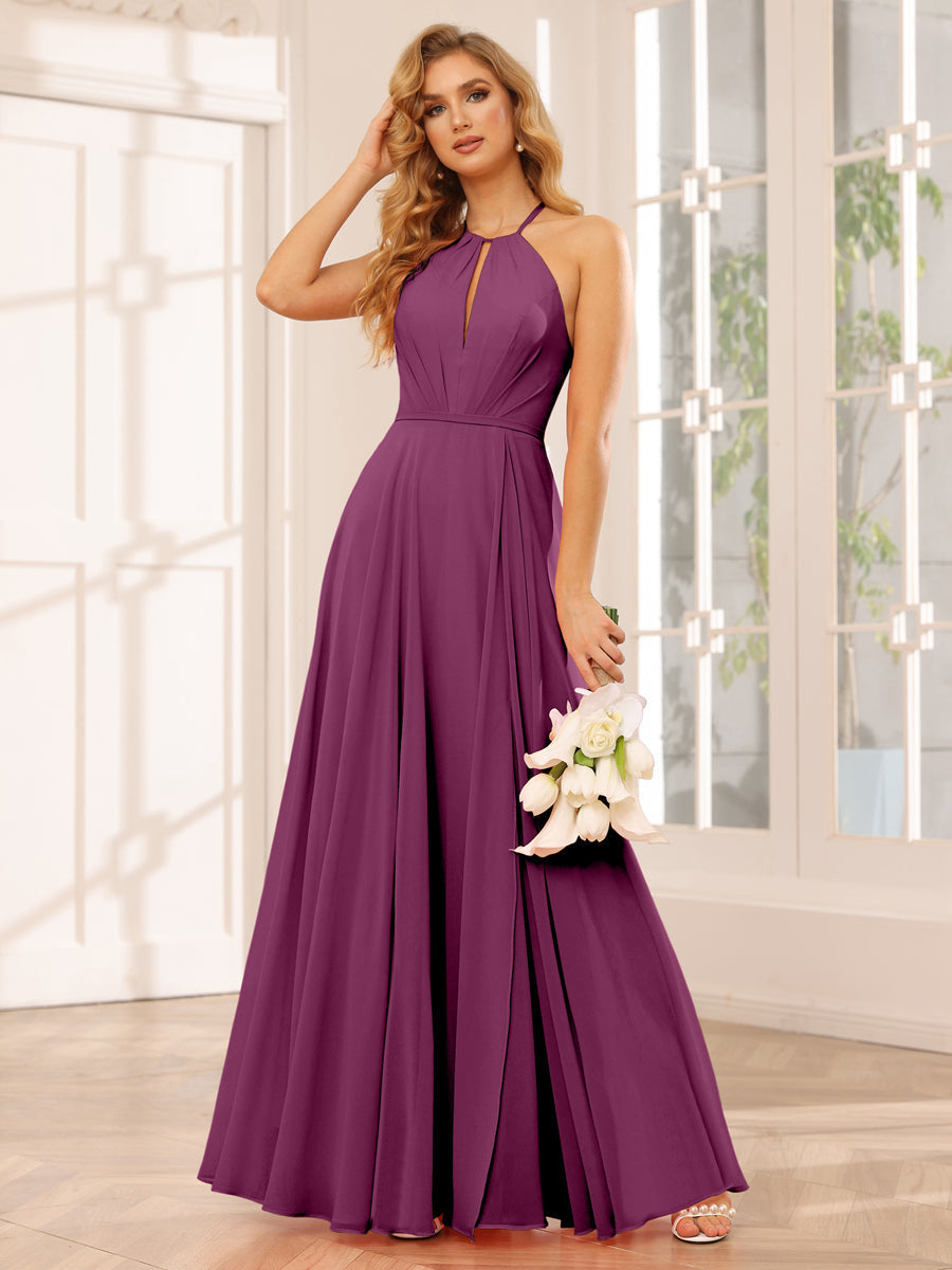 A-Line/Princess Halter Long Bridesmaid Dresses with Split Side Orchid