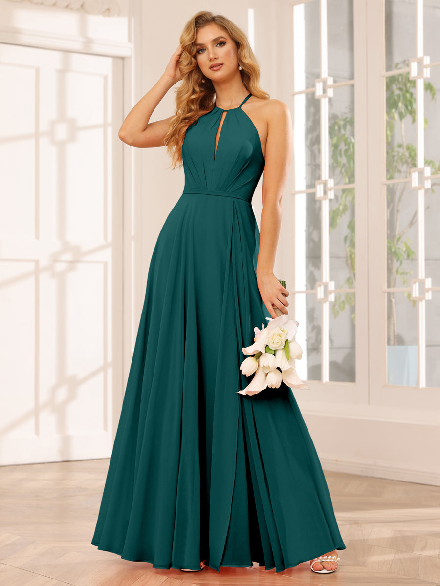 A-Line/Princess Halter Long Bridesmaid Dresses with Split Side Peacock