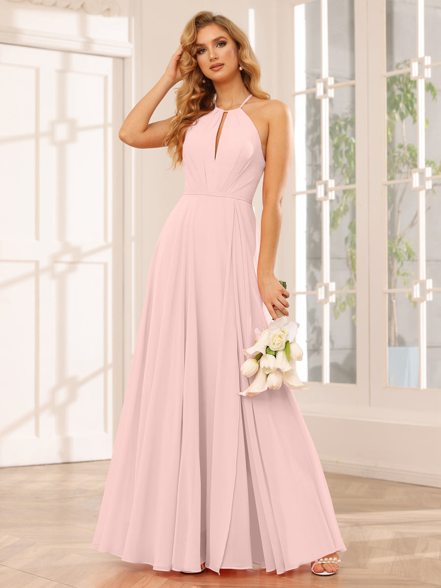 A-Line/Princess Halter Long Bridesmaid Dresses with Split Side Pearl Pink