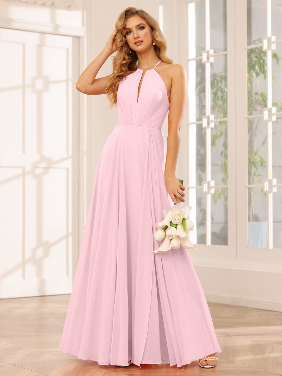 A-Line/Princess Halter Long Bridesmaid Dresses with Split Side Pink