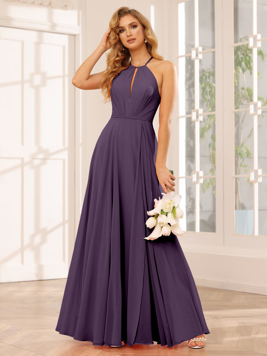 A-Line/Princess Halter Long Bridesmaid Dresses with Split Side Plum
