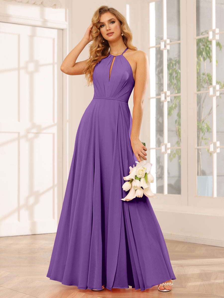 A-Line/Princess Halter Long Bridesmaid Dresses with Split Side Purple