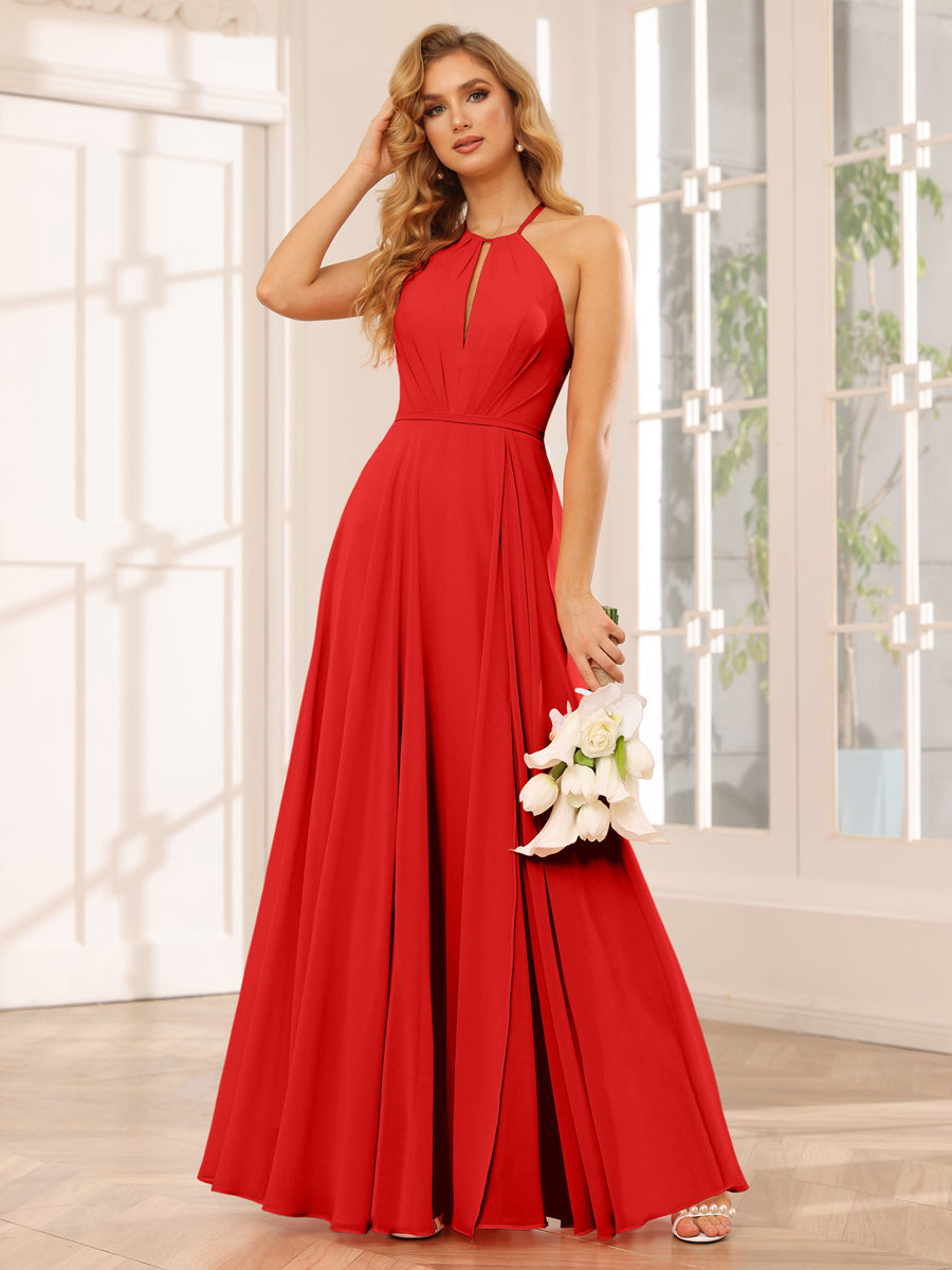 A-Line/Princess Halter Long Bridesmaid Dresses with Split Side Red