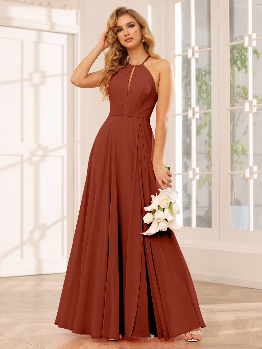 A-Line/Princess Halter Long Bridesmaid Dresses with Split Side Rust