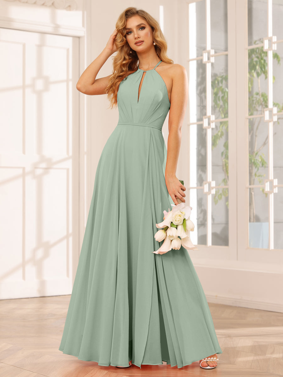 A-Line/Princess Halter Long Bridesmaid Dresses with Split Side Sage