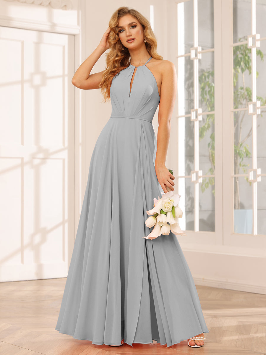 A-Line/Princess Halter Long Bridesmaid Dresses with Split Side Silver