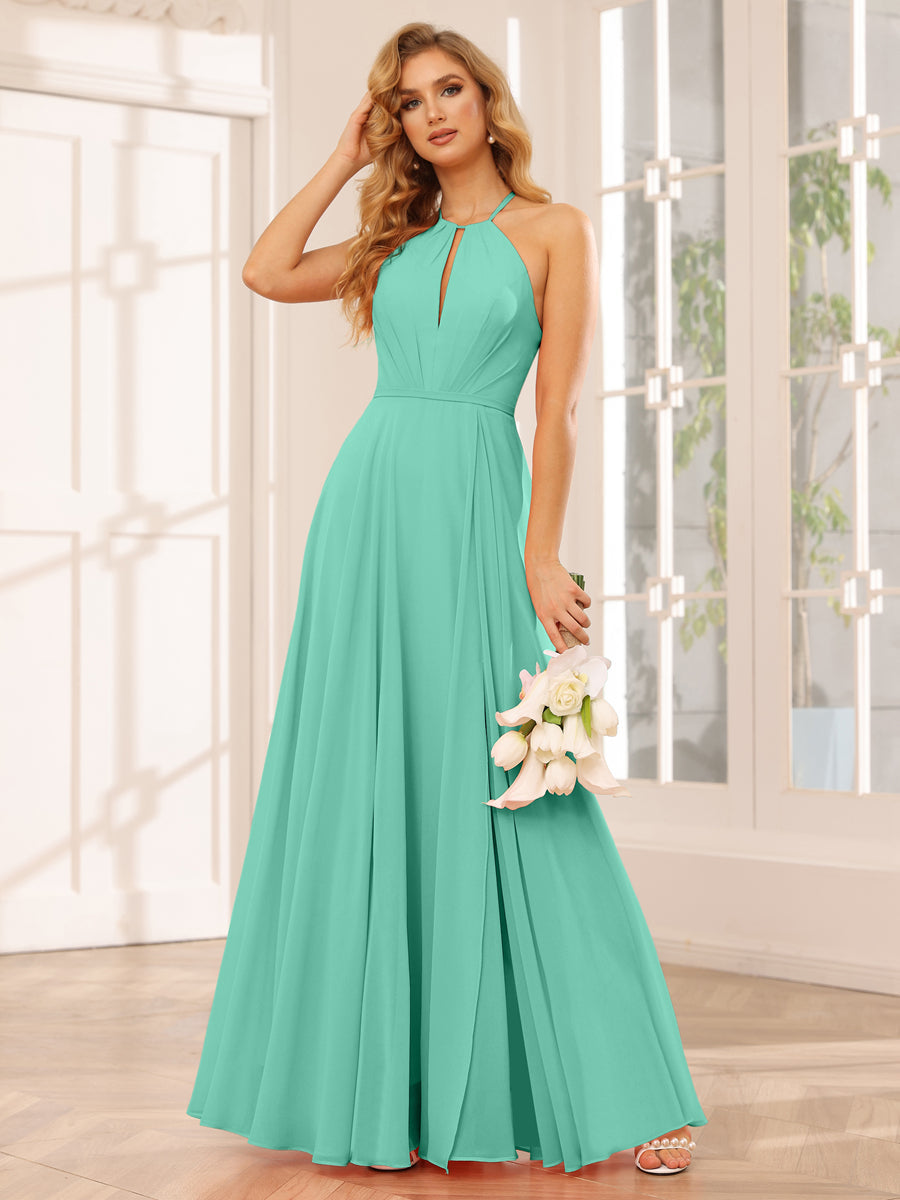 A-Line/Princess Halter Long Bridesmaid Dresses with Split Side Spa