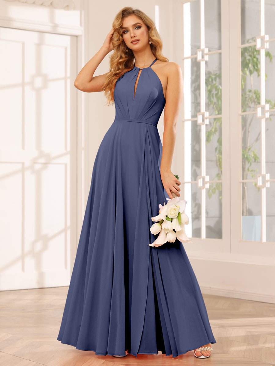 A-Line/Princess Halter Long Bridesmaid Dresses with Split Side Stormy Blue