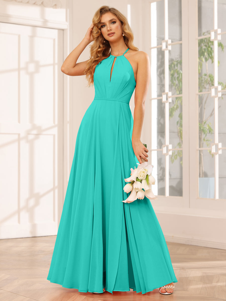 A-Line/Princess Halter Long Bridesmaid Dresses with Split Side Turquoise